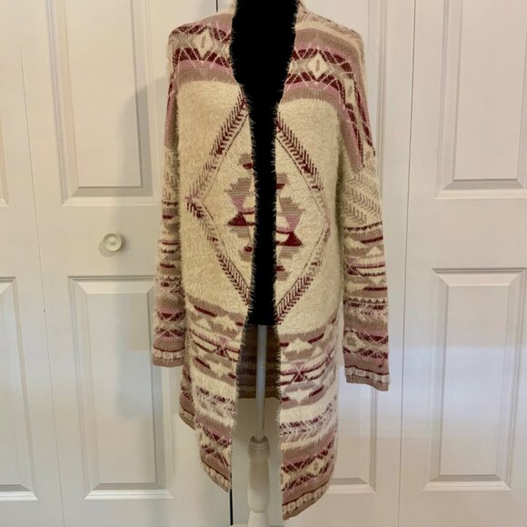 Shrinking Violet Cream Purple Aztec Print Eyelash Knit Long Cardigan Medium - Picture 1 of 10